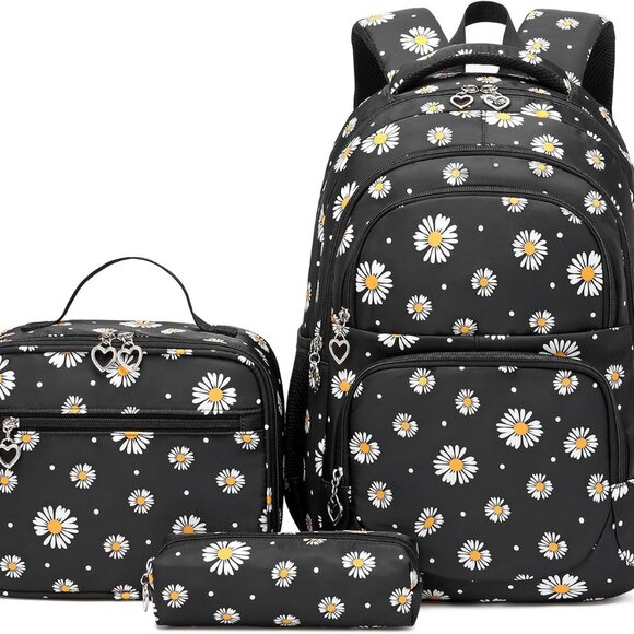 Createy Girls Daisy Backpack, Lunch Box, Pencil Case 3Pcs Black or Gray - Picture 1 of 15